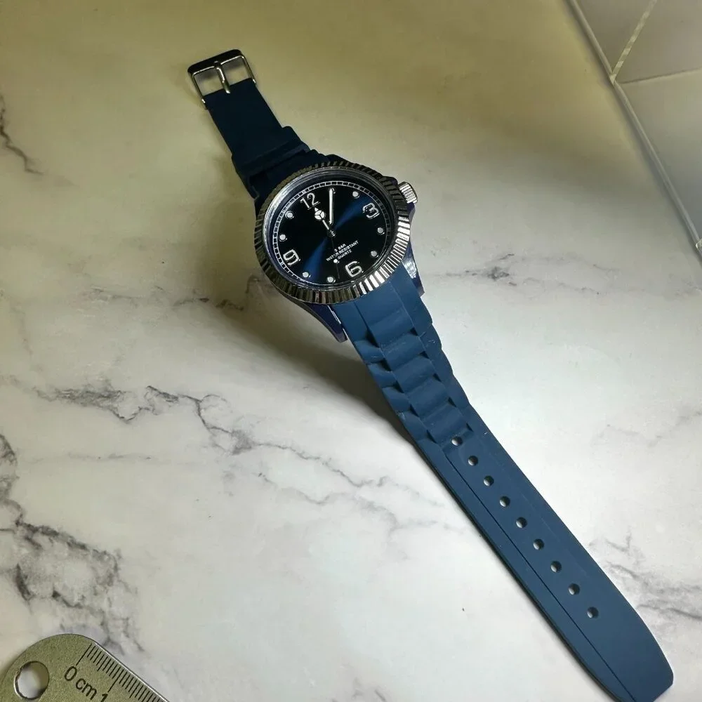 Sempre Watch Men Silver Tone Blue Silicone Band Fluted Bezel New Battery 9.5